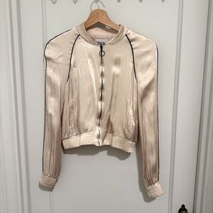 ZARA Satin Cream Bomber Jacket with Black Trim | Size XS
